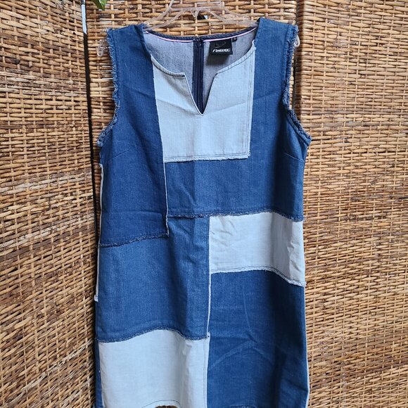 Blue Denim Patchwork Dress V Neck Shift Sleeveless Denim Nanette Lepore Large - Picture 3 of 5